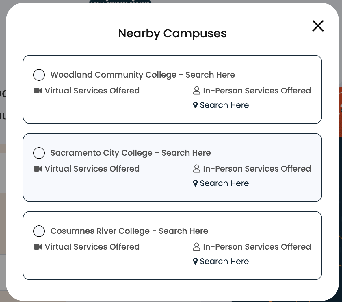 Campuses options following a ZIP code search